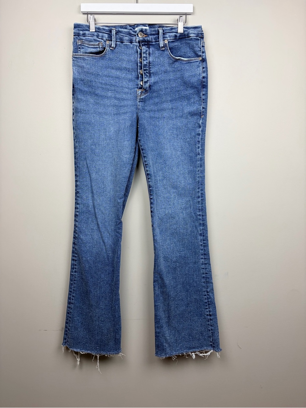 Good American Good Classic Boot Jeans 14/32 Indigo High Rise Raw Hem Stretch